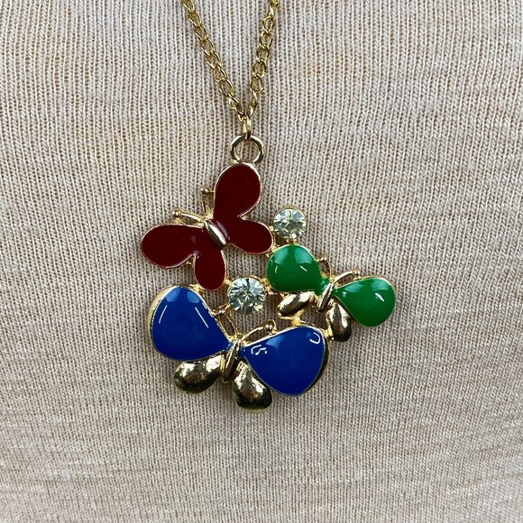 Enamel & Rhinestone Gold Tone Butterfly Pendant Necklace - Picture 1 of 8